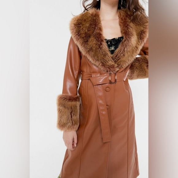 Urban Outfitters Jackets & Coats | Glam Faux Fur Faux Leather Brown Trench Coat - Picture 2 of 7